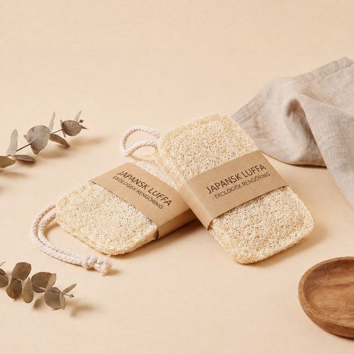 Two natural Japanese luafa exfoliating scrubbing sponges wrapped in kraft paper bands, displayed on a beige background with decorative eucalyptus leaves and a linen cloth.