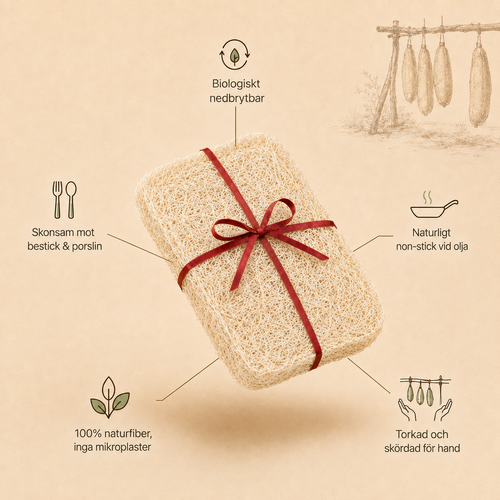 A rectangular natural fiber sponge bath mat tied with a red ribbon, shown on a beige background with Swedish callout text and small illustrative icons around it.